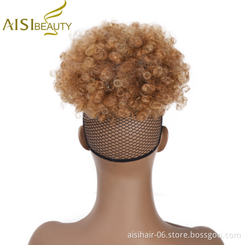 Aisi Beauty Popular New Design Wholesale Afro Fluffy Puff Brown Hairpiece Extension With Bangs Curly Afro Kinky Afro Hair Bun